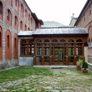 Roofed corridor between dining room and central church in the Holy Monastery of Xiropotami, Agion Oros